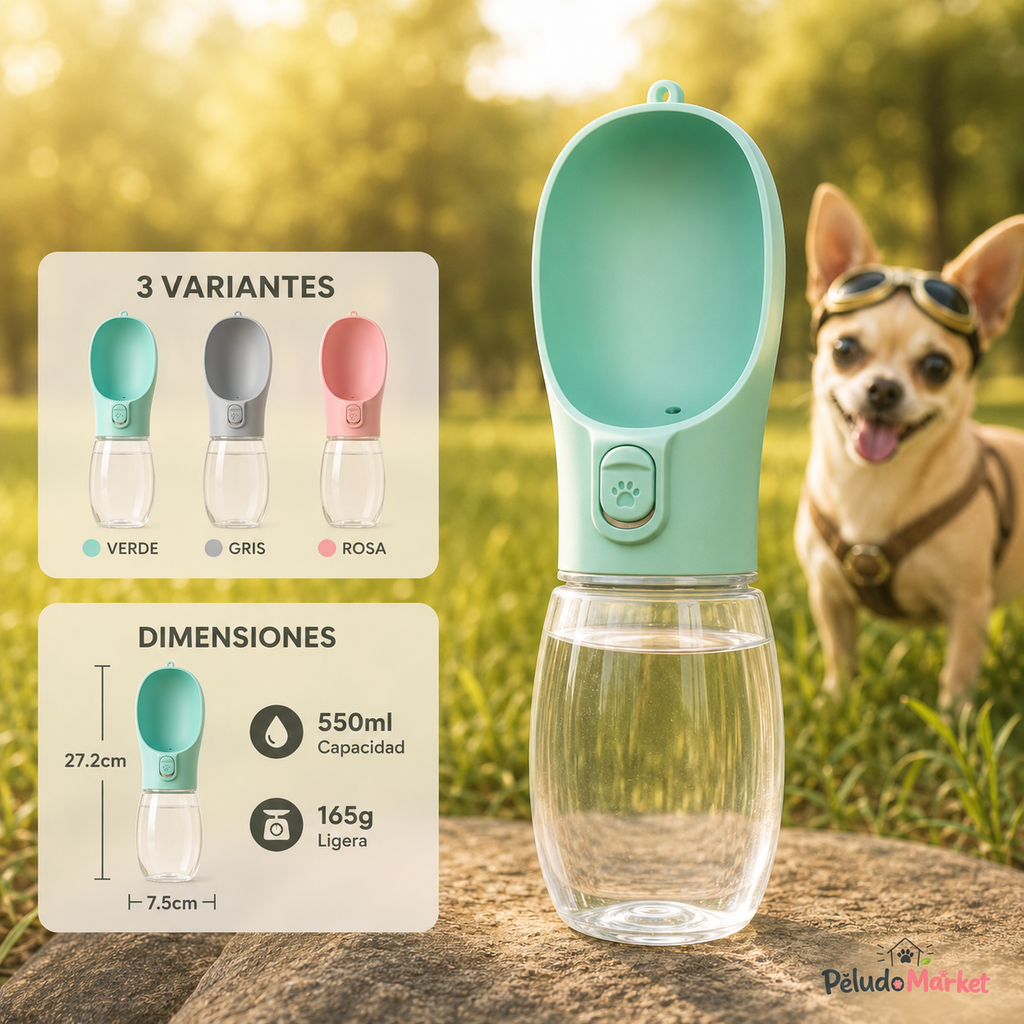 Botella de Agua Portátil para Perros y Gatos 550ml | Dispensador Antifugas para Paseos