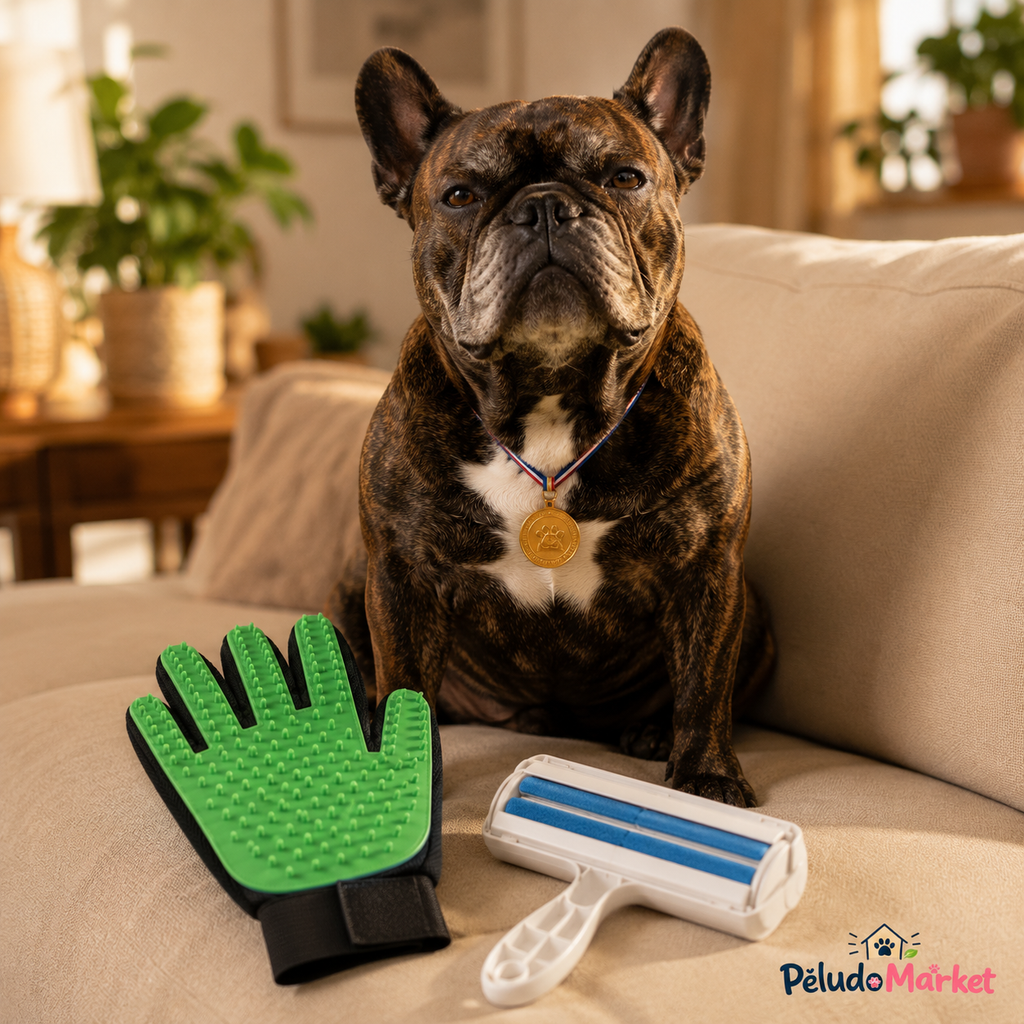 Kit guante y rodillo antiestática para mascotas con perro en sofá al fondo - Peludo Market
