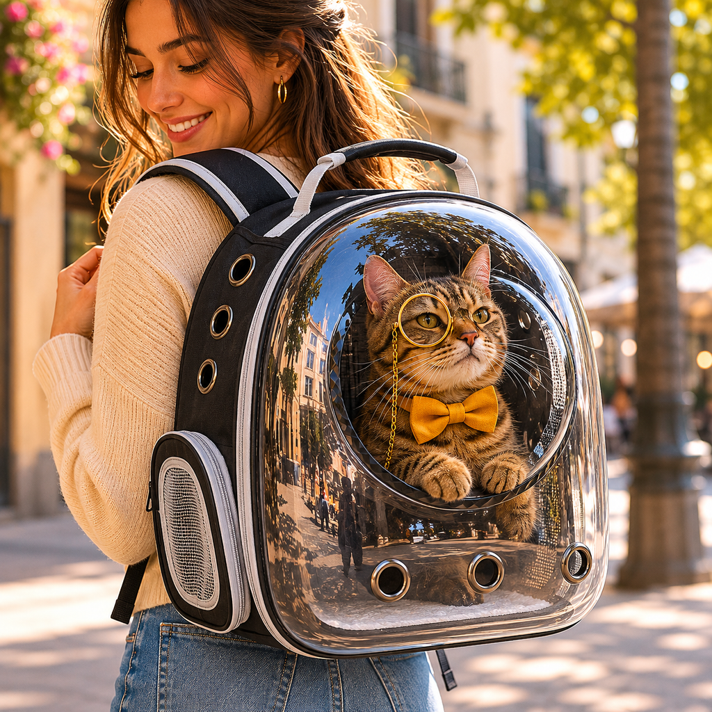 Gato dentro de la mochila transportín burbuja transparente - Peludo Market