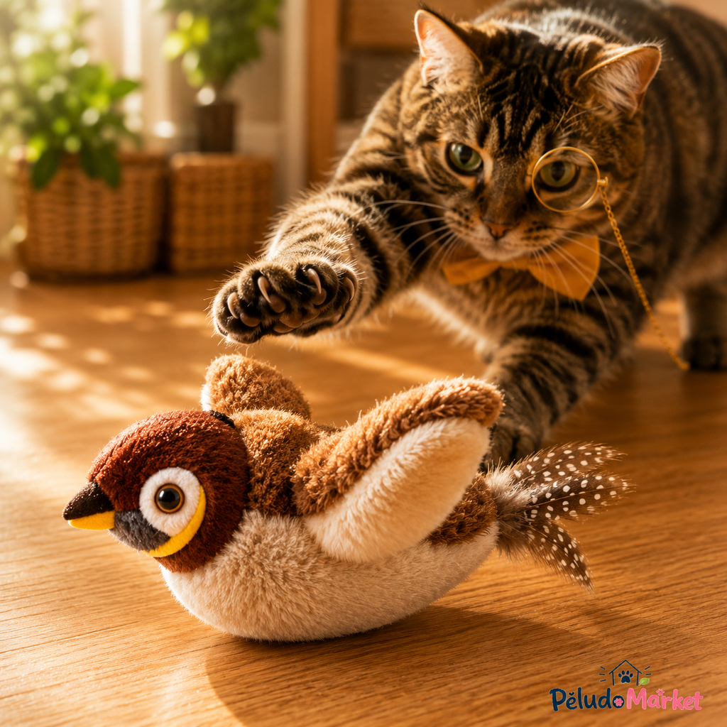 Gato jugando con el pájaro interactivo con sonido y movimiento - Peludo Market