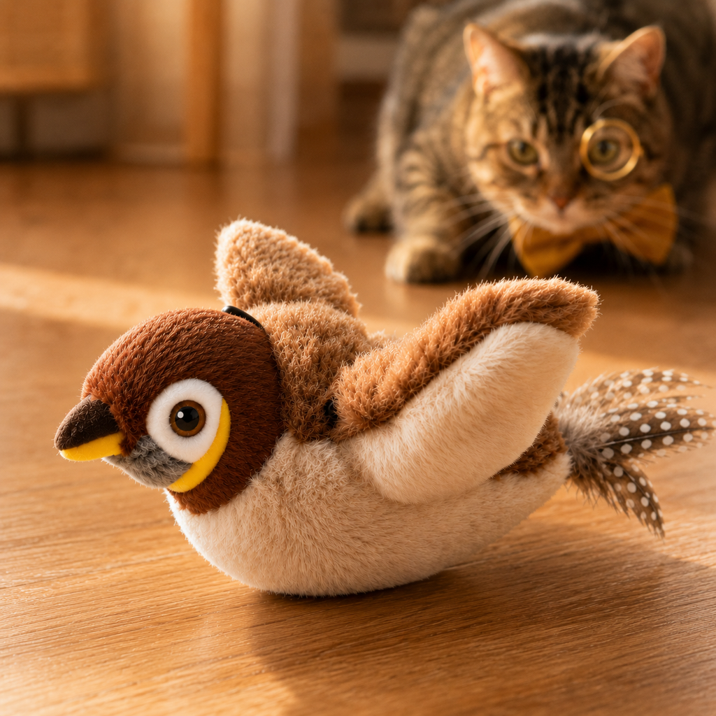  Pájaro interactivo para gatos con felino al fondo - Peludo Market