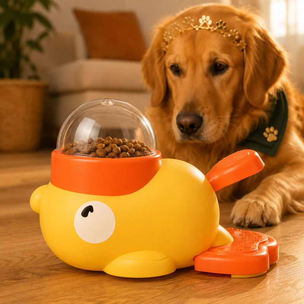 Perro usando el comedero interactivo pato amarillo - Peludo Market