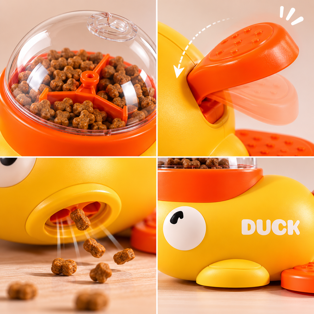 Características y beneficios del comedero interactivo pato amarillo - Peludo Market
